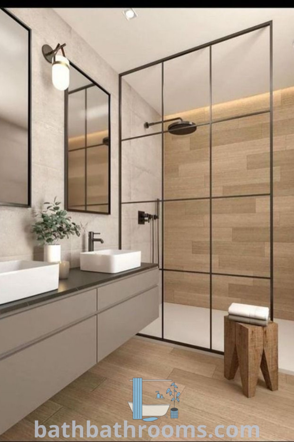 A modern bathroom with two sinks and mirrors on the wall, showcasing stylish decor ideas for small spaces. This elegant dual-sink layout offers practical solutions and inspiring touches for apartment privacy. Explore more bathroom design inspirations at bathbathrooms.com.