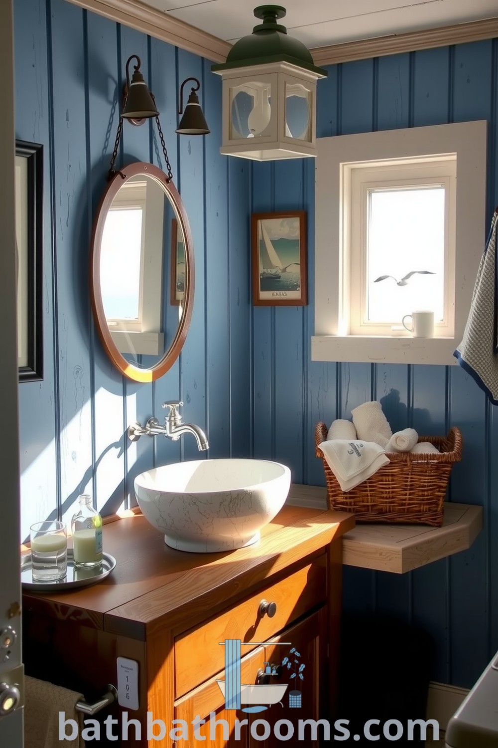 Maritime bathroom featuring soft blue weathered wood panels, a vintage ceramic sink atop a reclaimed oak vanity, nautical prints on the walls, and plush towels in a woven basket, creating a cozy and inviting retreat. Discover inspiring decor ideas for your home at bathbathrooms.com.