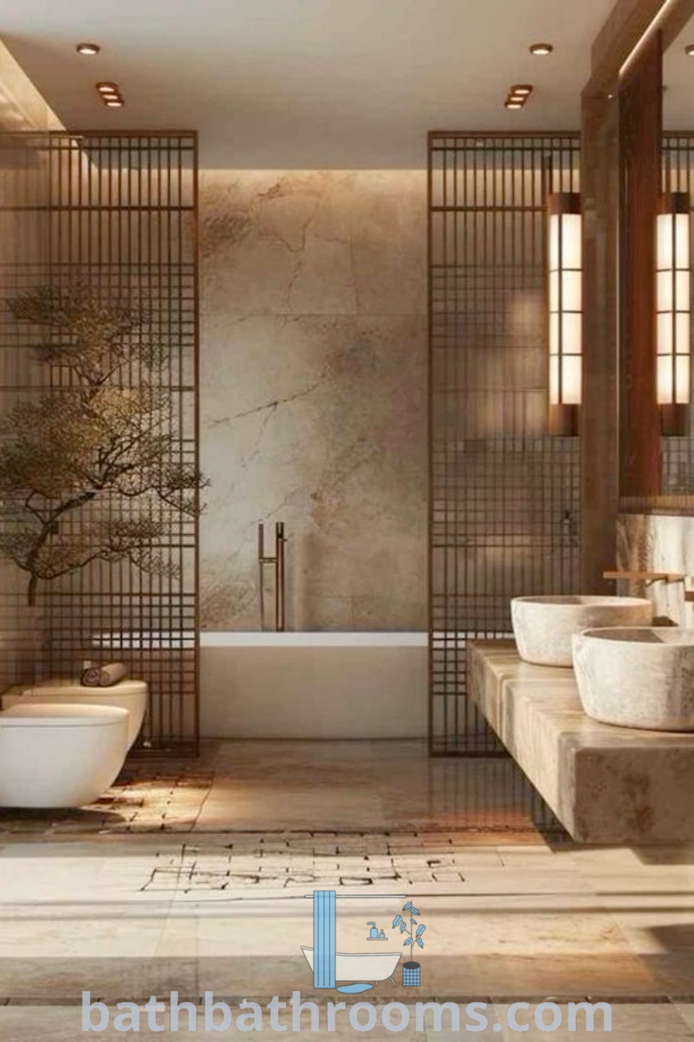 A bathroom showcasing two sinks, a toilet, and a centrally placed bathtub in a Japanese style design, embodying cozy ideas and Asian Zen bathroom aesthetics. Discover more inspiring decor ideas for your home at bathbathrooms.com.