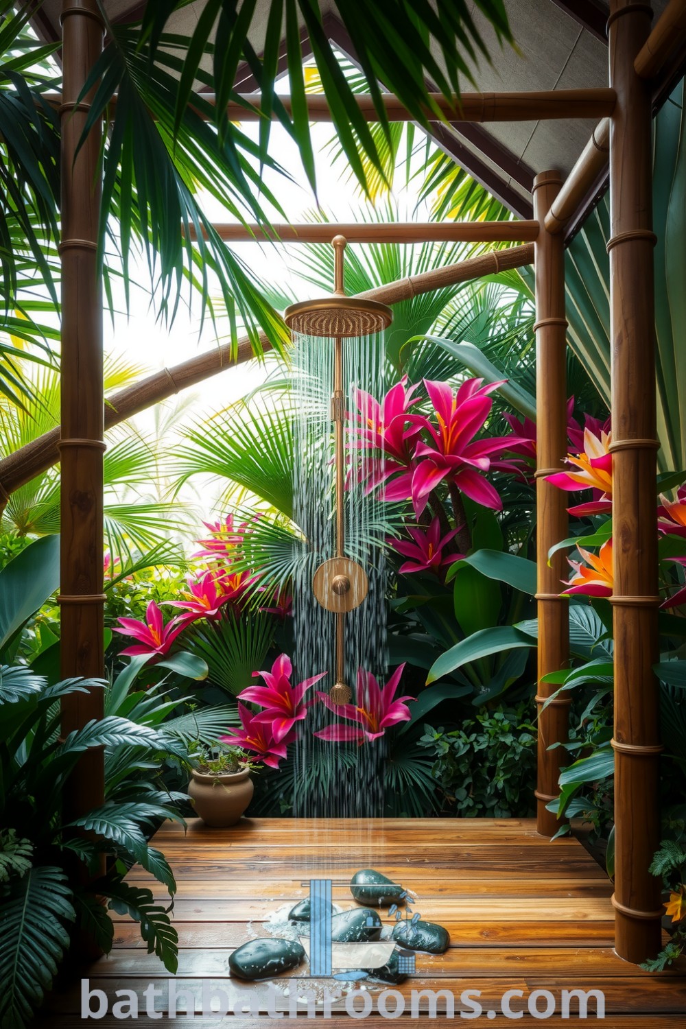 Tropical outdoor shower surrounded by lush greenery and palm trees with weathered wooden flooring and a copper showerhead, providing a serene bathing retreat. Discover more inspiring decor ideas for your home at bathbathrooms.com.