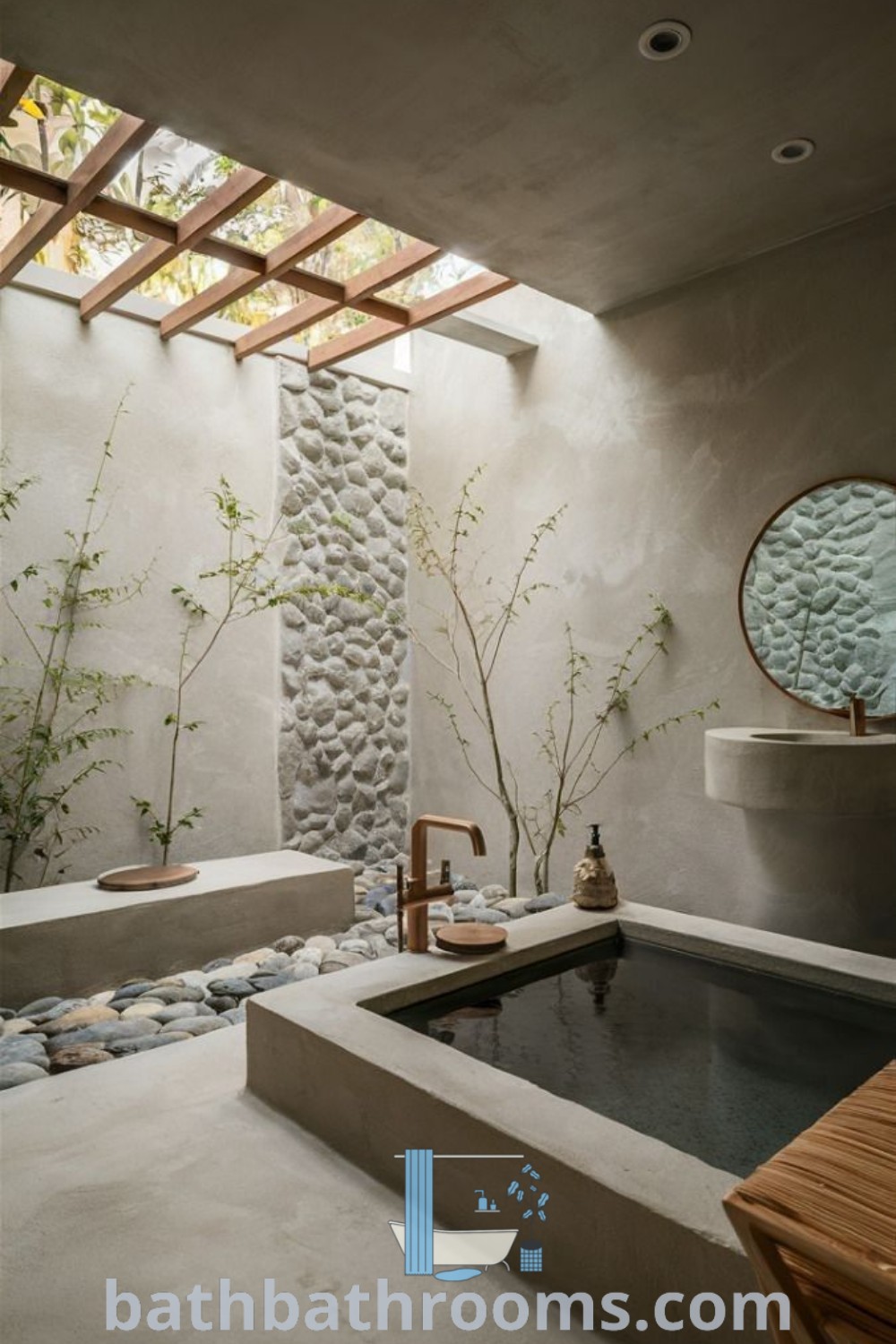 A zen bathroom featuring a stone wall and a large central tub surrounded by bamboo plants, designed for natural light and tranquility. Explore inspiring bathroom stone wall ideas and decor inspirations at bathbathrooms.com.