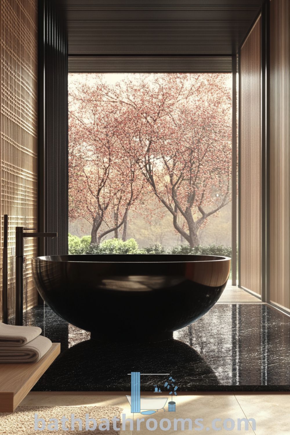 Cozy Japanese bathroom featuring a deep black tub on stone tiles, soft natural light from shoji screens, and wooden accents, creating a tranquil atmosphere. Discover more decor ideas for your home at bathbathrooms.com.