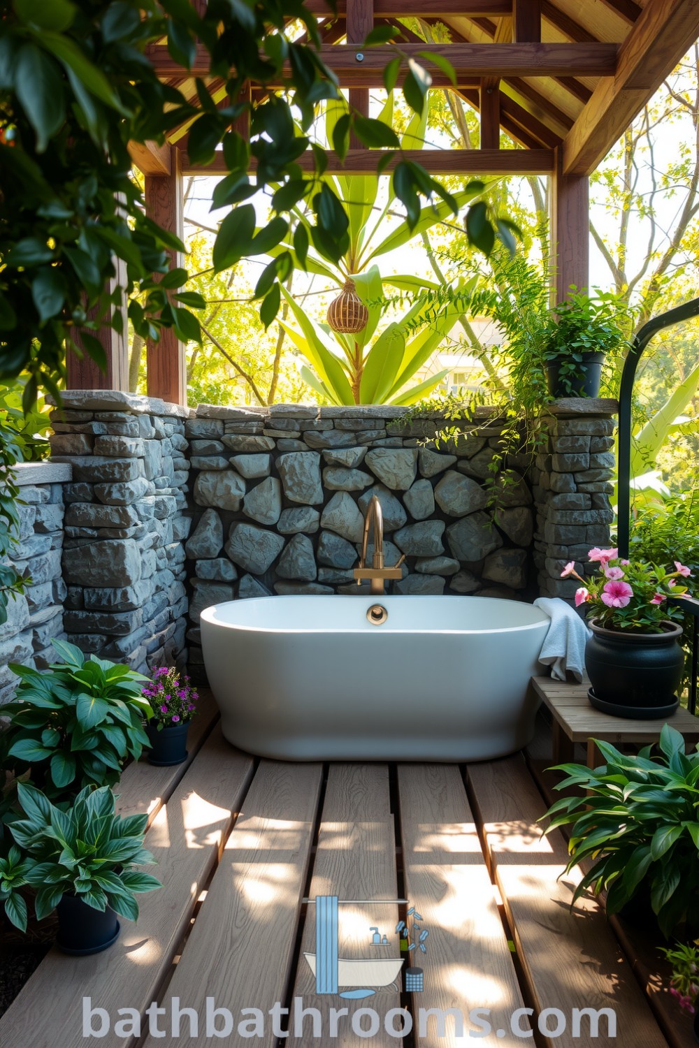 Cozy outdoor bathroom spa featuring weathered wooden planks, a rustic stone wall, a deep soaking tub, and surrounded by potted herbs and fragrant flowers, perfect for relaxation. Discover more inspiring decor ideas for your home at bathbathrooms.com.