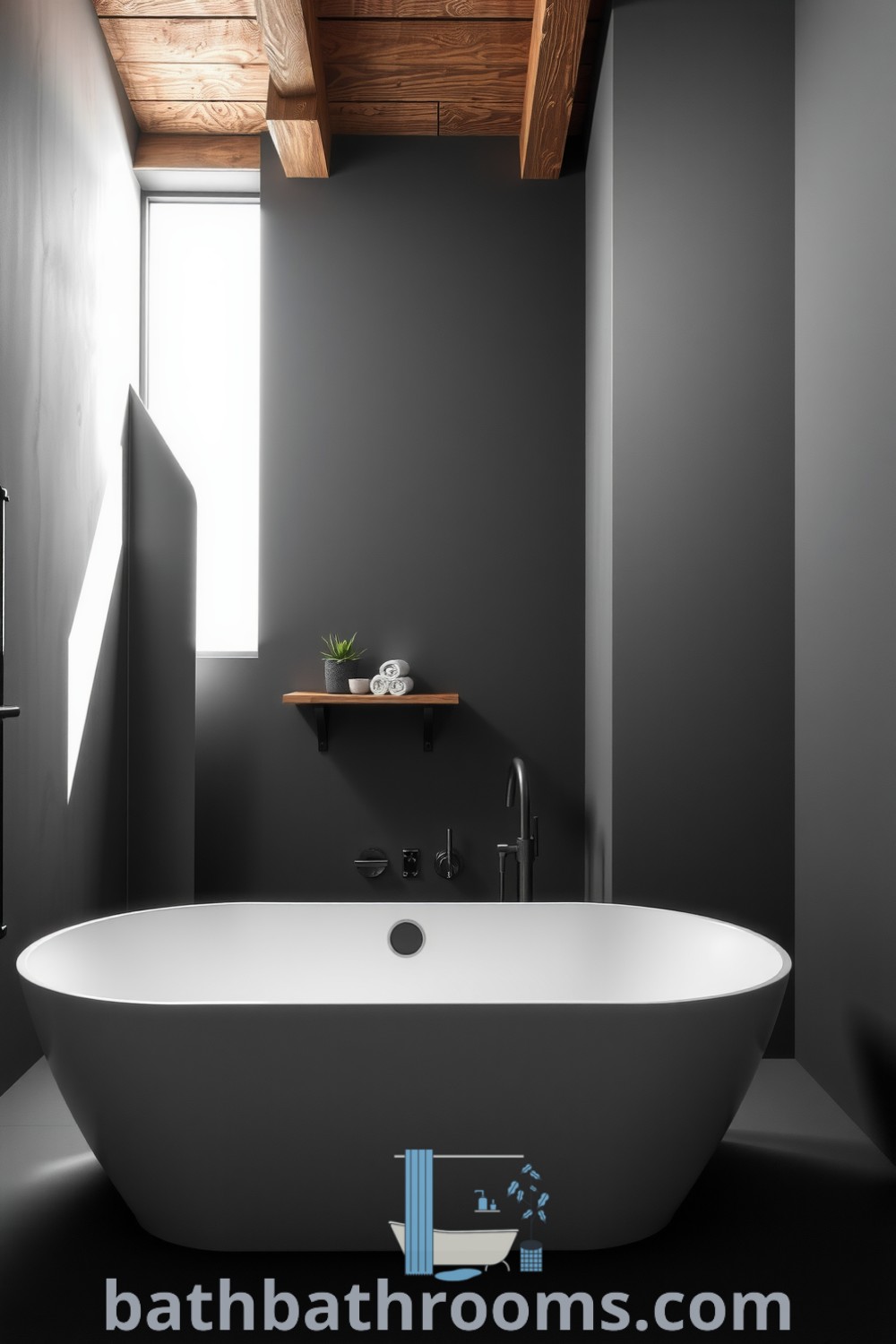 Minimalist bathroom featuring a freestanding tub, untreated wooden beams, soft lighting, rustic shelves with towels and succulents, creating a serene atmosphere. Discover inspiring decor ideas for small spaces and cozy aesthetics at bathbathrooms.com.