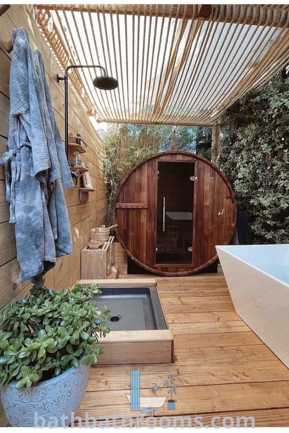 An outdoor hot tub and shower in a wooden decked area surrounded by potted plants, showcasing a garden sauna plunge pool. This space combines aesthetics and functionality, portraying cozy home inspirations for unique outdoor setups. Discover more outdoor decor ideas at bathbathrooms.com.