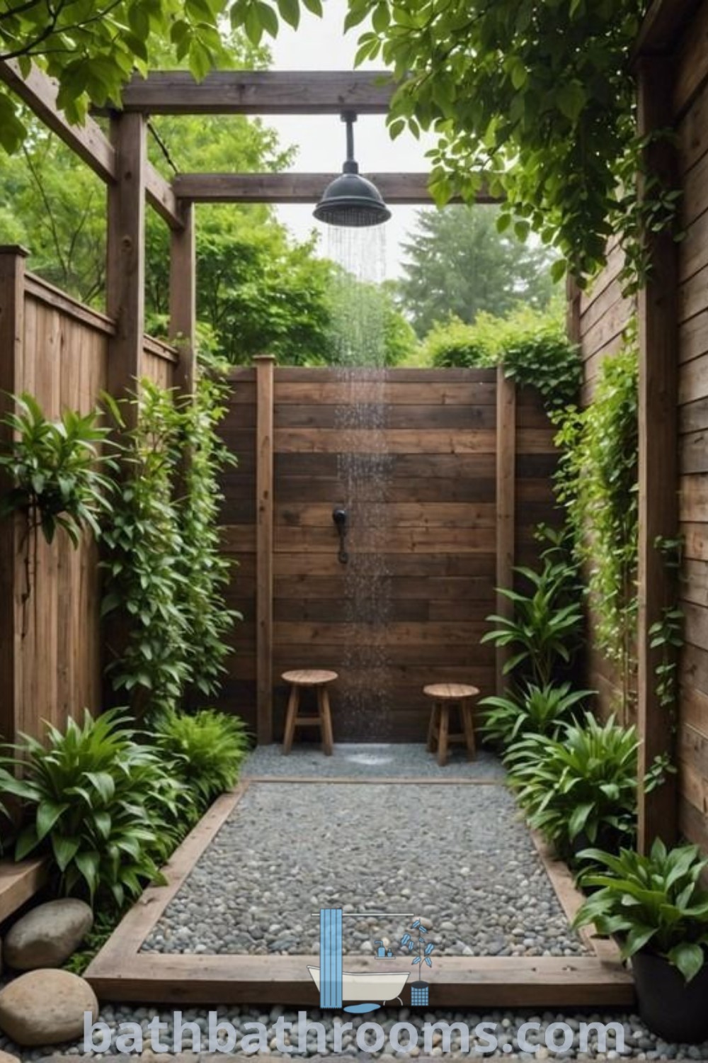 An outdoor shower surrounded by plants and rocks, showcasing rustic design elements and offering privacy, perfect for a cozy backyard retreat. Explore outdoor shower design ideas and inspirations at bathbathrooms.com.