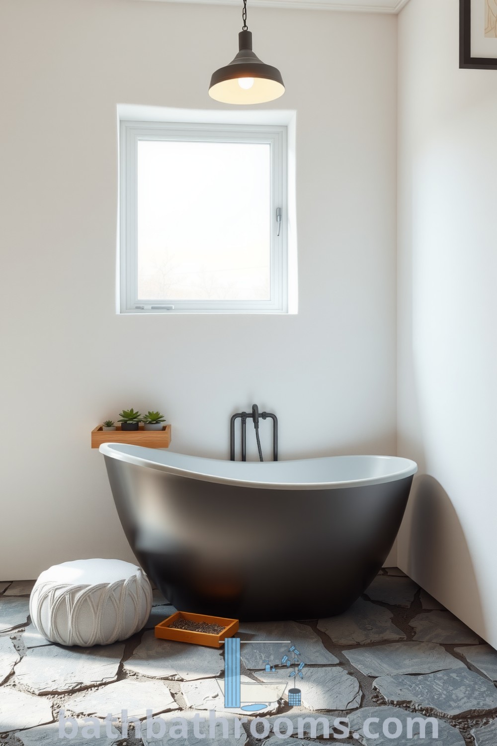 Cozy minimalist bathroom featuring soft natural light, a silver freestanding tub, textured white walls, and potted succulents, creating a serene atmosphere. Discover inspiring bathroom design ideas at bathbathrooms.com.