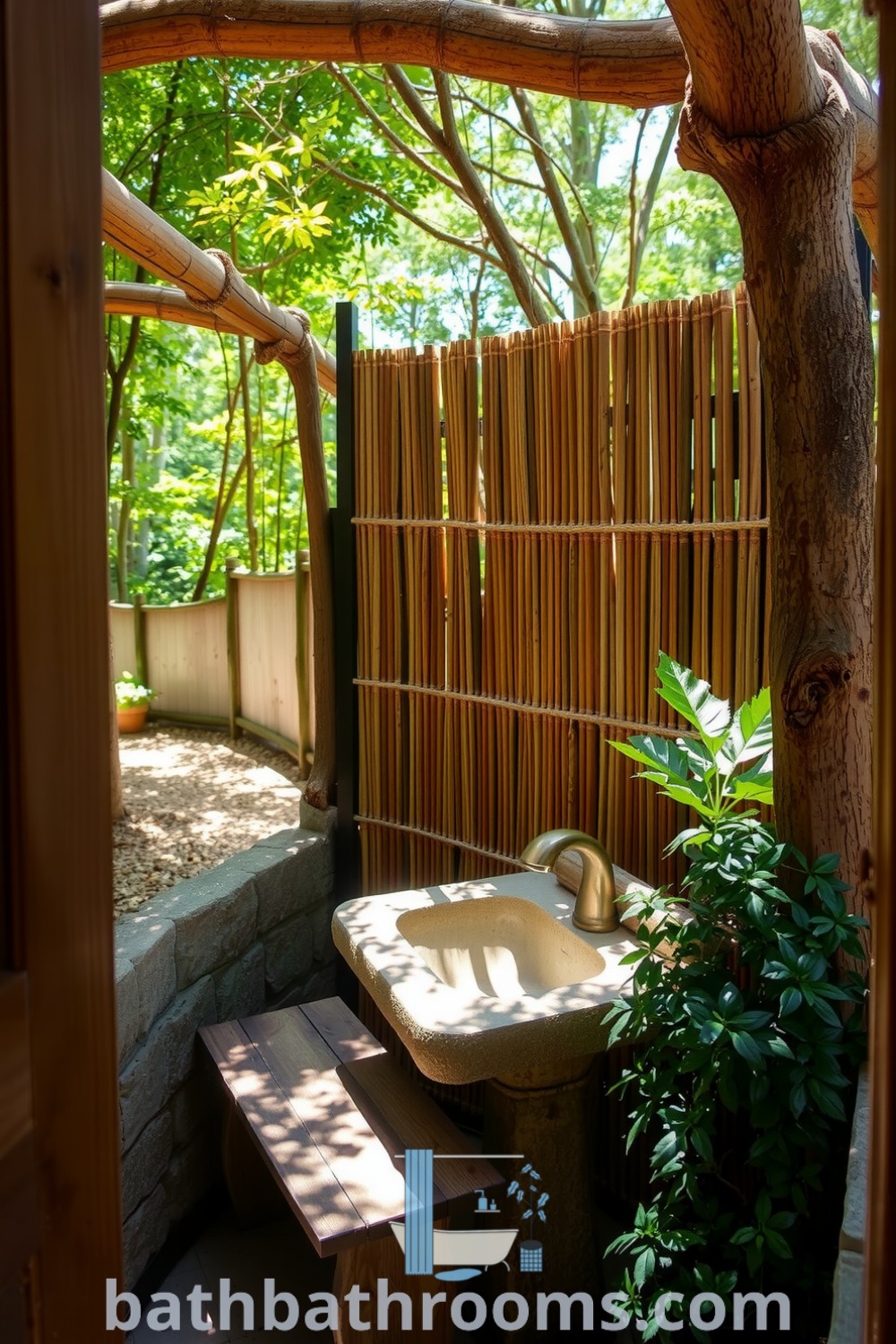 Rustic outdoor bathroom featuring weathered wooden beams, a natural stone sink, a bamboo privacy screen, and lush greenery, creating a serene and inviting atmosphere. Discover inspiring decor ideas for your home at bathbathrooms.com.
