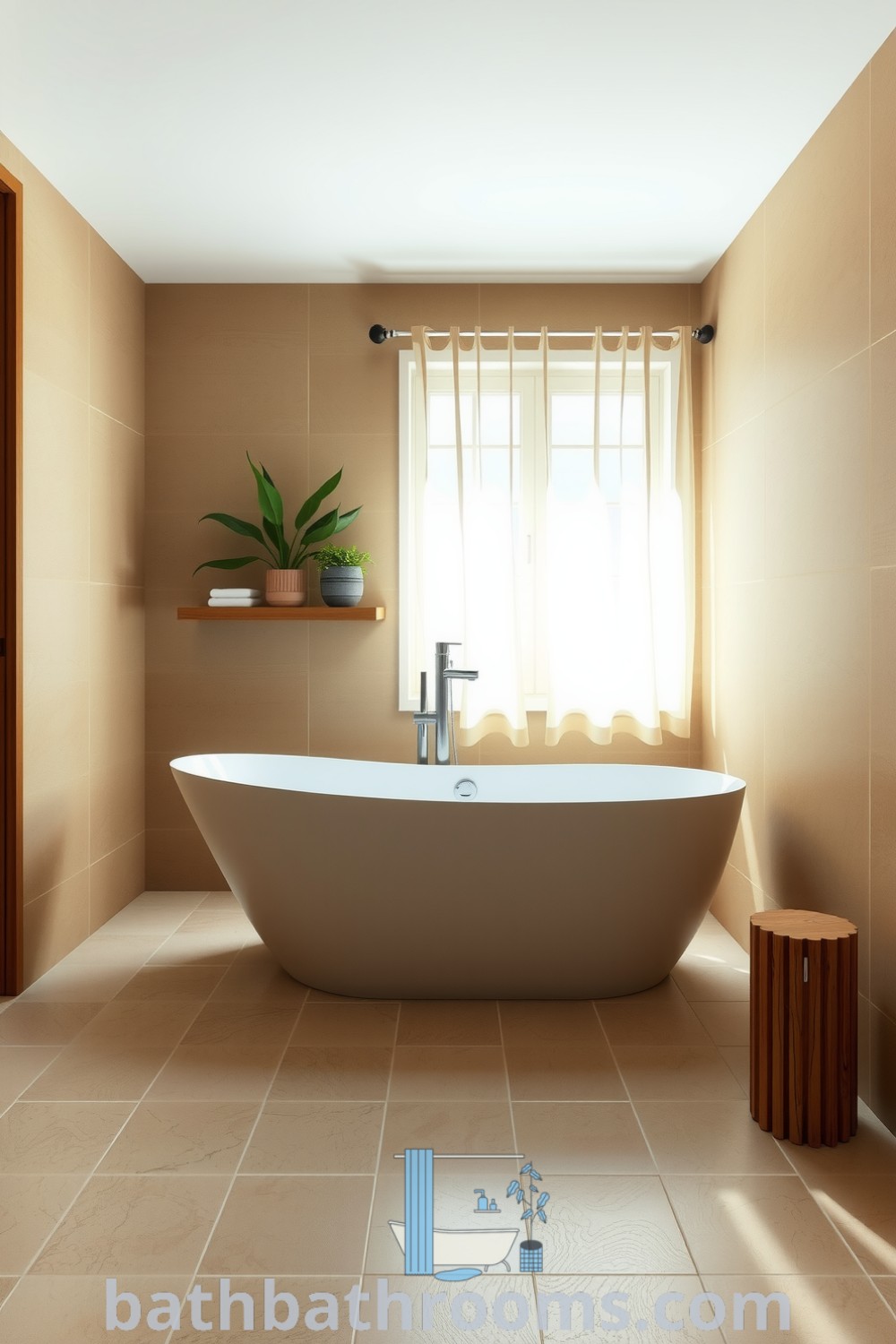 Minimalist bathroom featuring a freestanding tub, warm textured walls, natural stone flooring, wooden accents, and plants, creating a serene and inviting space. Discover unique ideas for your home at bathbathrooms.com.