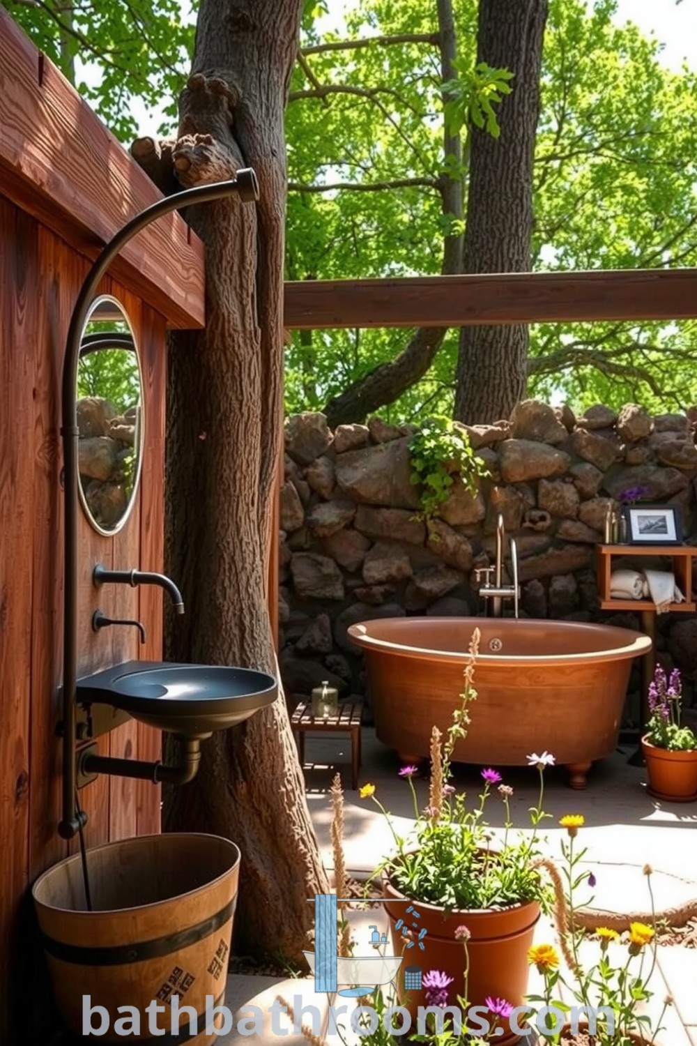 Cozy outdoor bathroom featuring rustic wooden beams, organic stone walls, a freestanding tub, and vibrant herbs and wildflowers, creating an inviting and serene atmosphere. Discover unique ideas for your home at bathbathrooms.com.