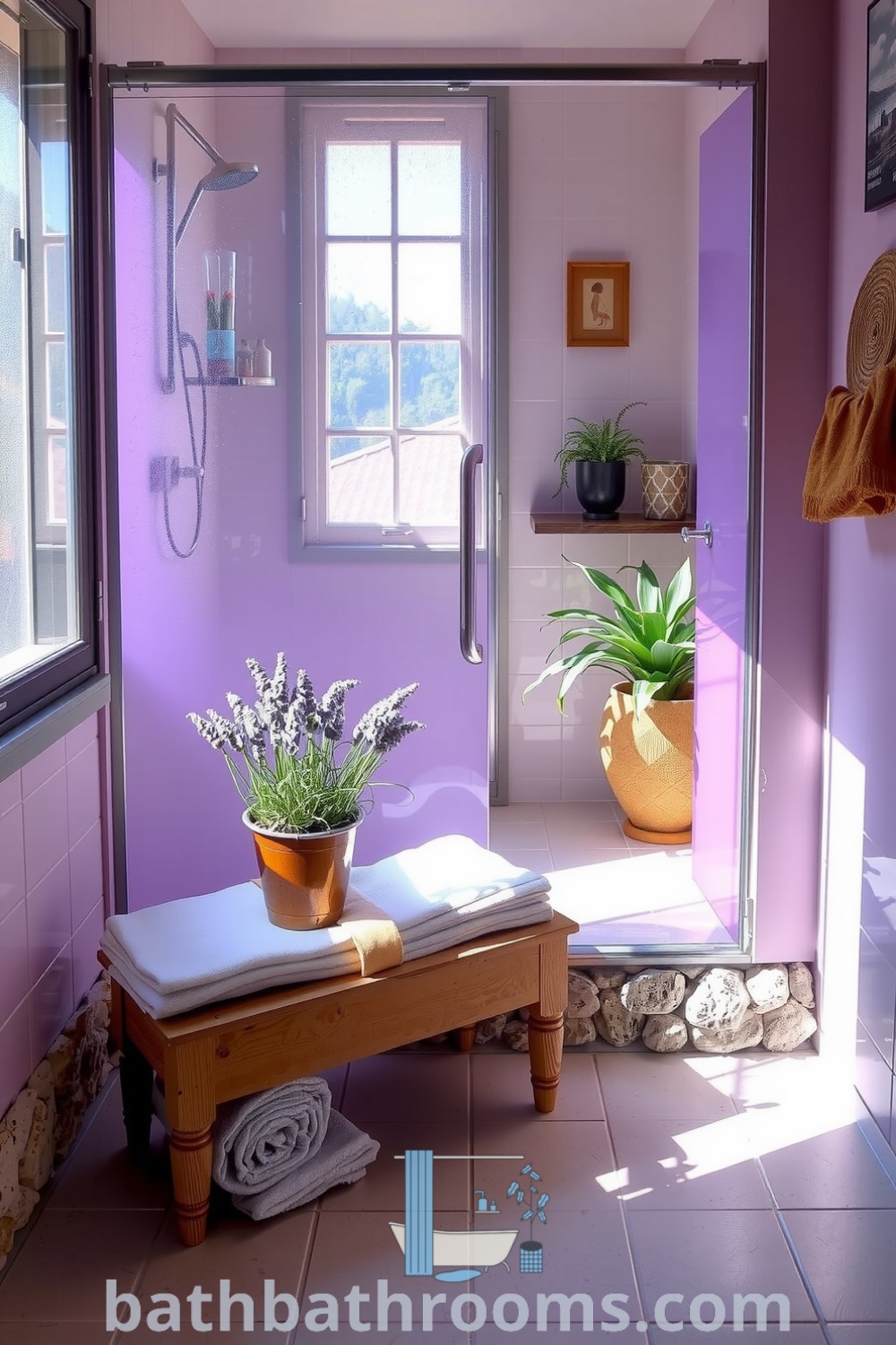 Lavender glass shower in a cozy bathroom with natural light, smooth tiles, rough stone accents, a wooden bench, fluffy towels, and potted lavender plants. Discover cozy decor ideas and inspirations for your home at bathbathrooms.com.