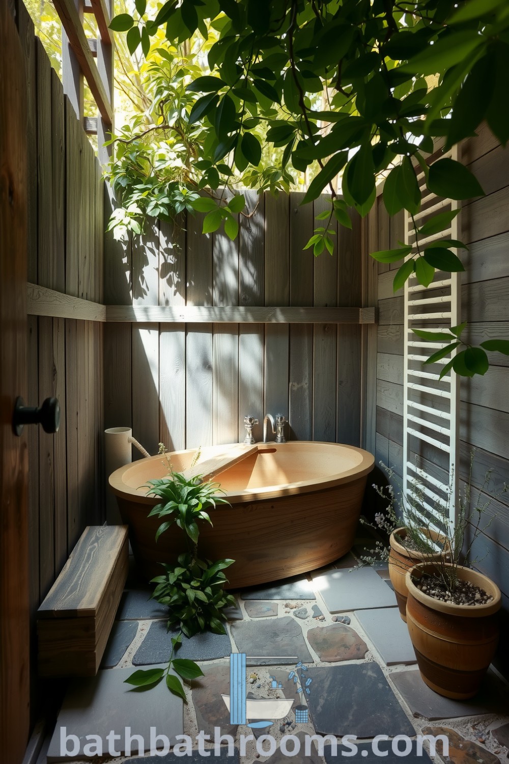 Outdoor bathroom with rustic wooden walls, a charming wooden tub, natural stone tiles, and lush greenery, creating a tranquil escape perfect for relaxation. Discover inspiring decor ideas for your home at bathbathrooms.com.