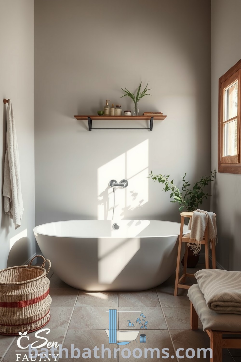 Minimalist bathroom featuring soft ash hues, earthy stone tiles, a freestanding tub, wooden accents, greenery, and cozy decor elements, creating a serene atmosphere. Discover inspiring decor ideas for your home at bathbathrooms.com.