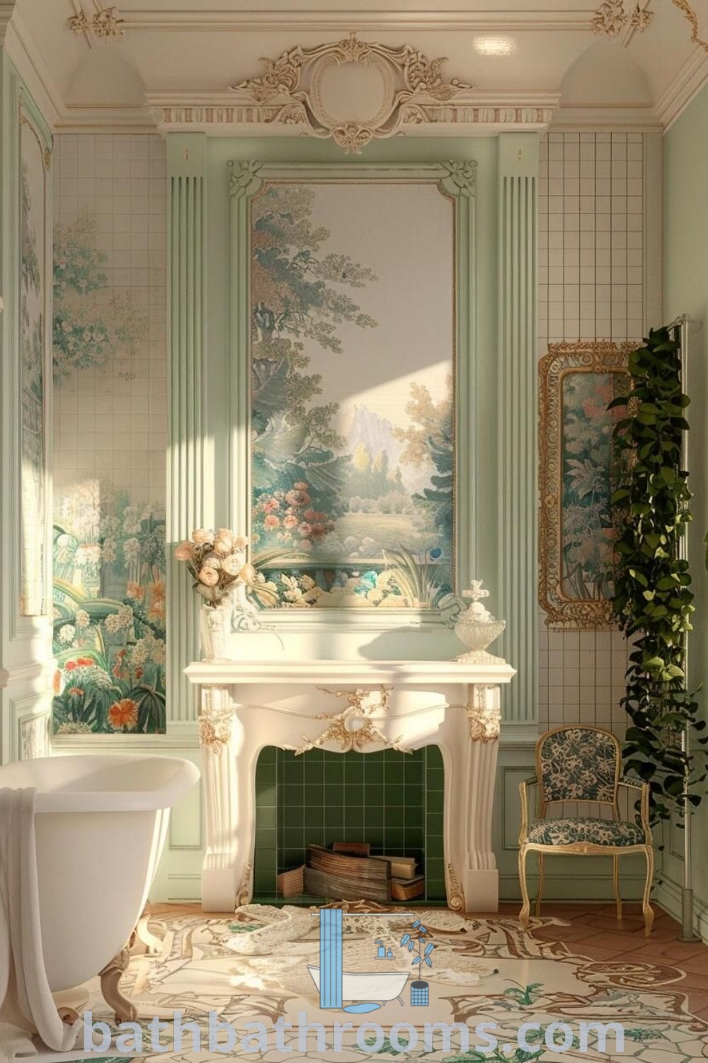 A pastel green bathroom featuring a cozy fireplace, luxurious tub, stylish sink, and mirror, inspired by Bridgeton House Interior design. This space showcases Rococo style and offers unique decor ideas for a perfect fusion of elegance and coziness. Explore more decor inspirations at bathbathrooms.com.