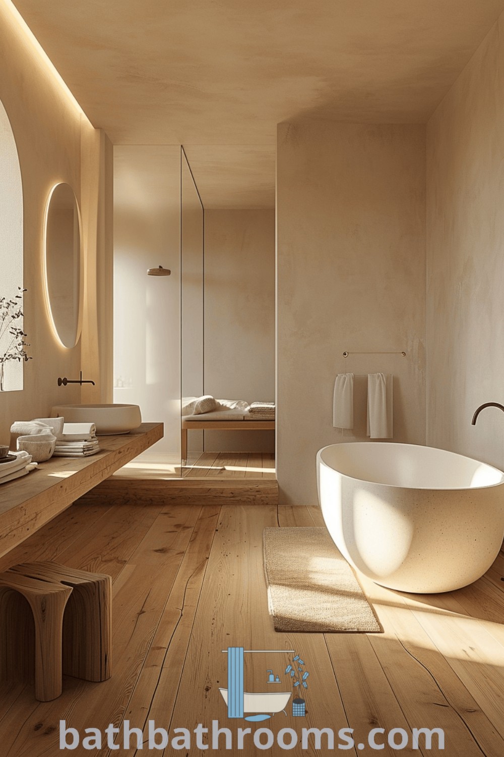 A modern bright bathroom with a large tub and sink on hardwood flooring, featuring neutral earth tones and cozy aesthetic design elements. Experience luxury and functionality with a calming interior at bathbathrooms.com.