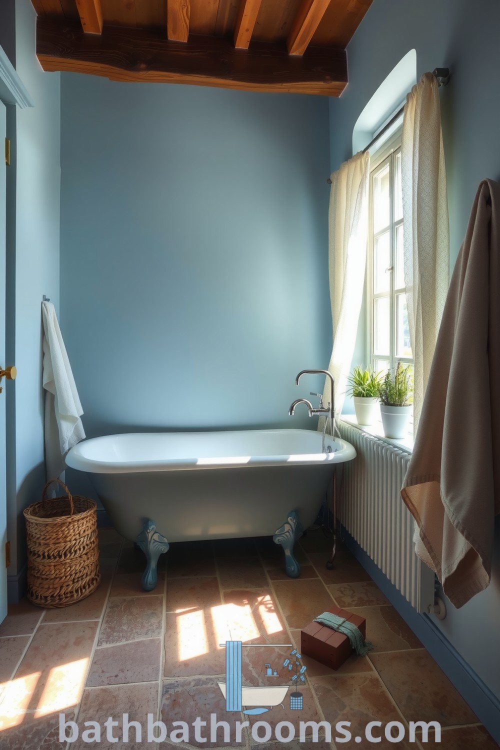 Cozy Provence bathroom featuring soft blue walls, a vintage clawfoot tub, rustic wooden beam ceiling, and potted herbs, creating a serene and inviting atmosphere. Discover unique decor ideas at bathbathrooms.com.