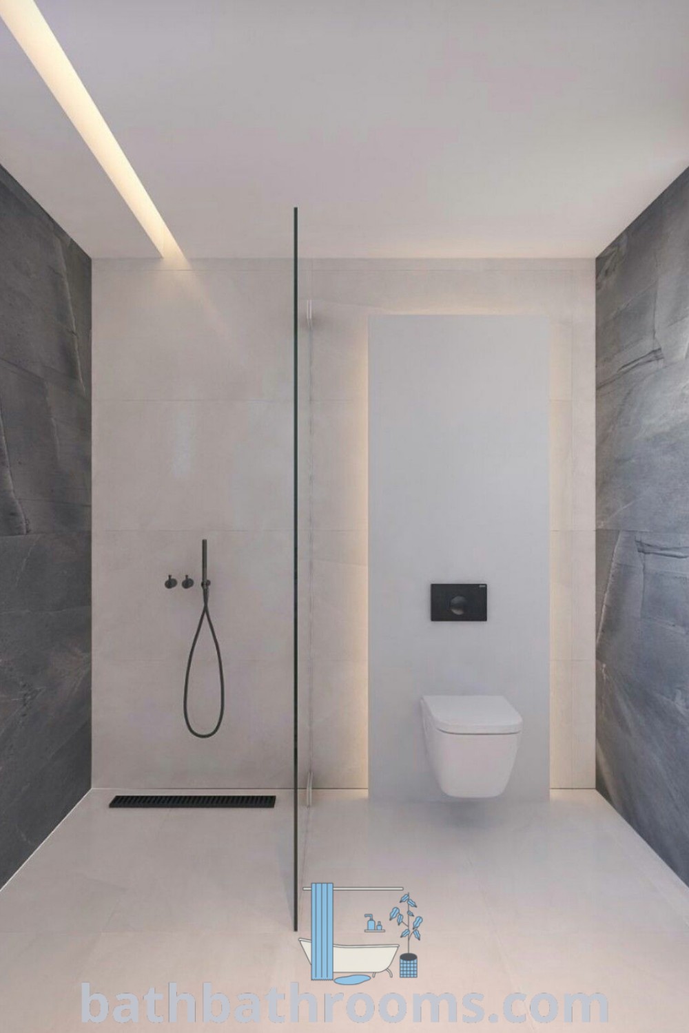 A modern guest bathroom featuring a toilet and shower in a minimalistic design with gray and white tones. It showcases elegant bathroom tiles and trendy wallpaper ideas, providing a serene, cozy atmosphere. Explore more design ideas at bathbathrooms.com.