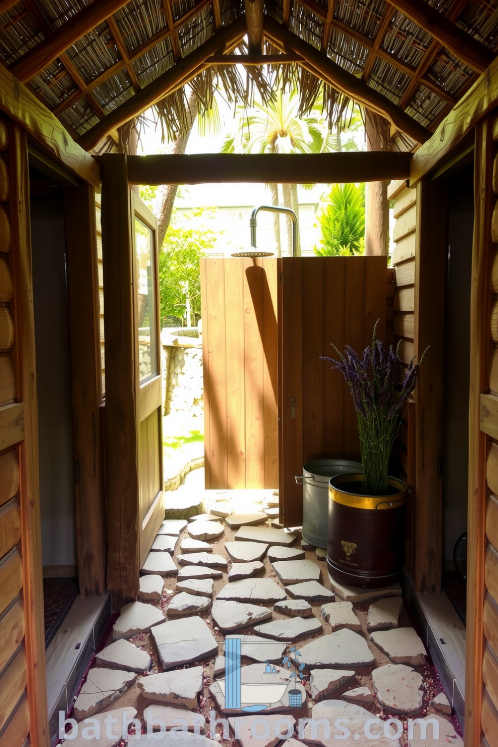 Rustic outdoor bathroom with a wooden frame and thatched roof, featuring an open-air shower with smooth stone flooring, providing a cozy and inviting atmosphere. Explore more unique ideas for a perfect style fusion at bathbathrooms.com.
