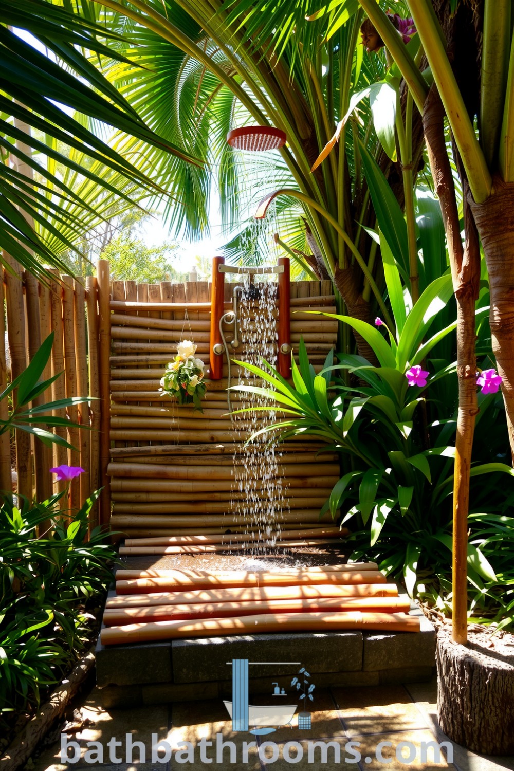 Rustic outdoor shower with bamboo walls and stone floor, surrounded by palm trees and tropical foliage, creating a serene and inviting atmosphere. Discover inspiring decor ideas for your home at bathbathrooms.com.