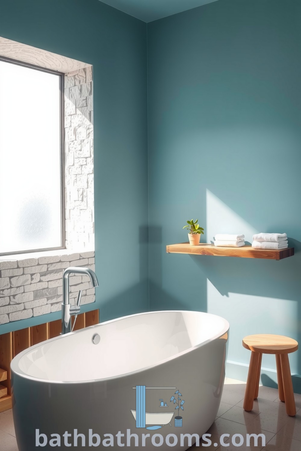 Cozy minimalist bathroom with tranquil cyan walls, freestanding tub, natural wood accents, and a potted plant, creating a serene atmosphere for relaxation. Discover more inspiring decor ideas for your home at bathbathrooms.com.