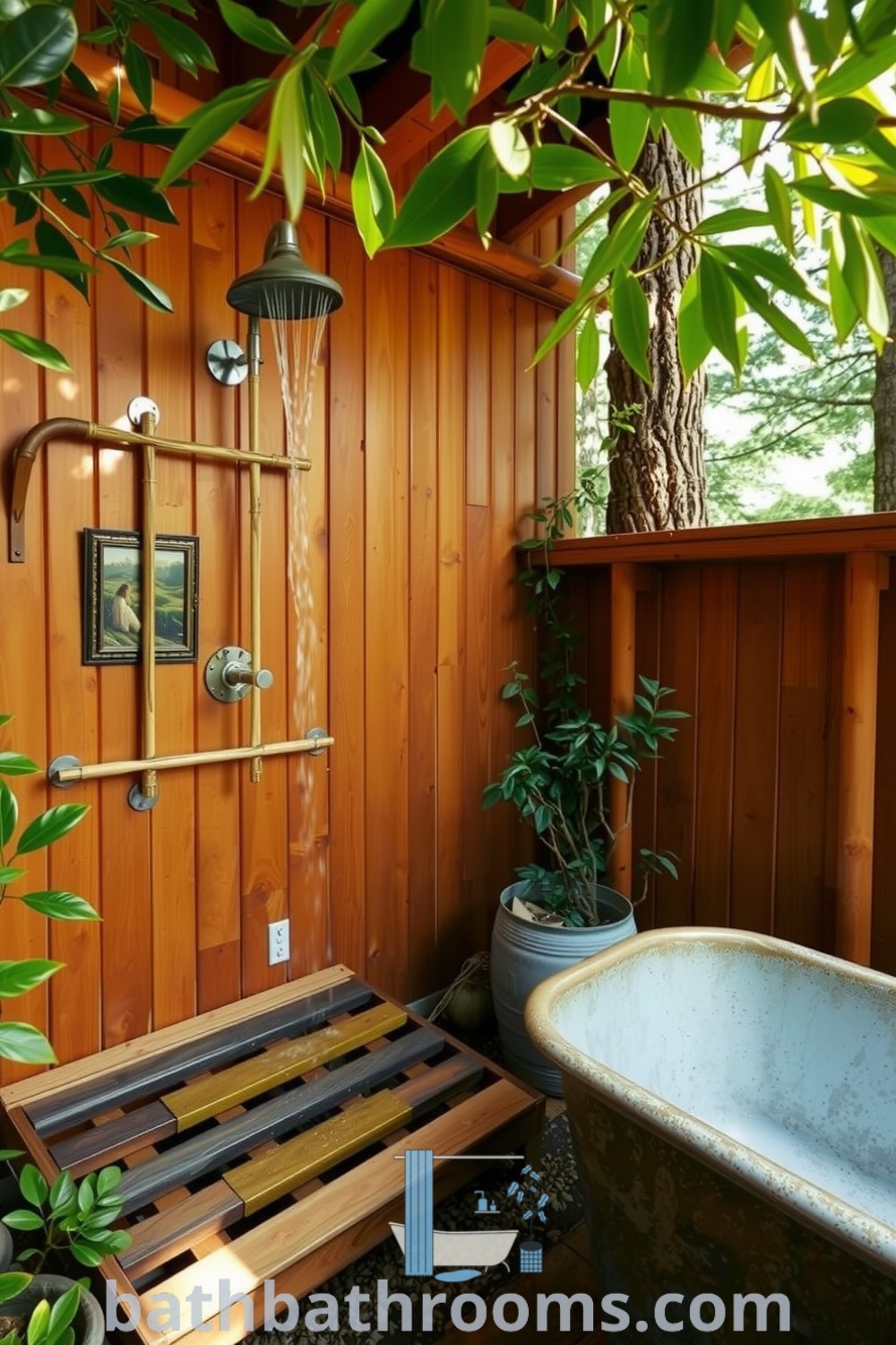Rustic outdoor bathroom featuring wooden panels, a bamboo slatted shower, and a vintage metal tub surrounded by lush greenery, creating a serene and inviting atmosphere. Discover unique ideas for your home at bathbathrooms.com.