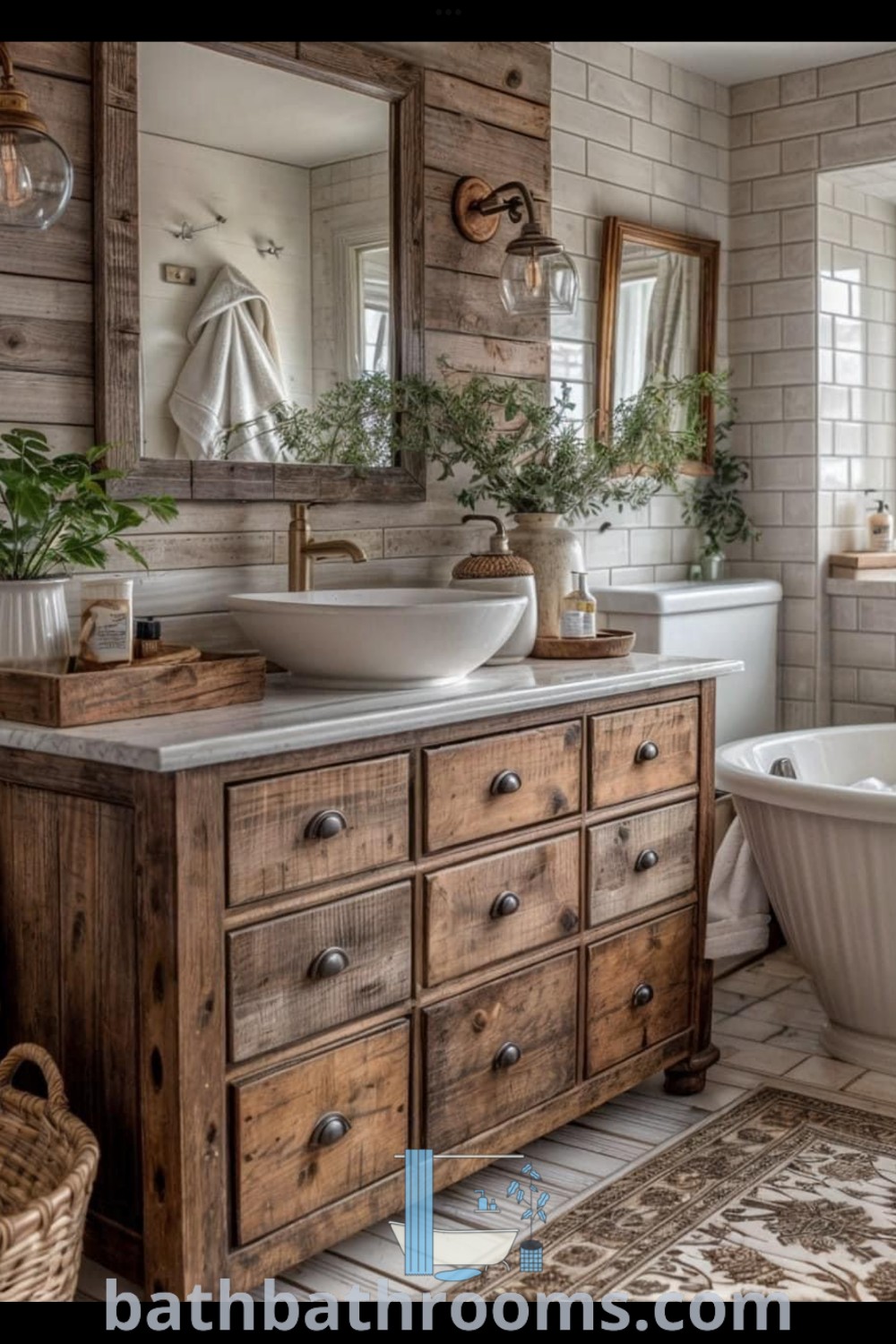 A cozy vintage bathroom featuring a tub, sink, and mirror, designed in rustic farmhouse style with charming decor elements. Embrace the latest bathroom trends and discover unique ideas to enhance your space at bathbathrooms.com.