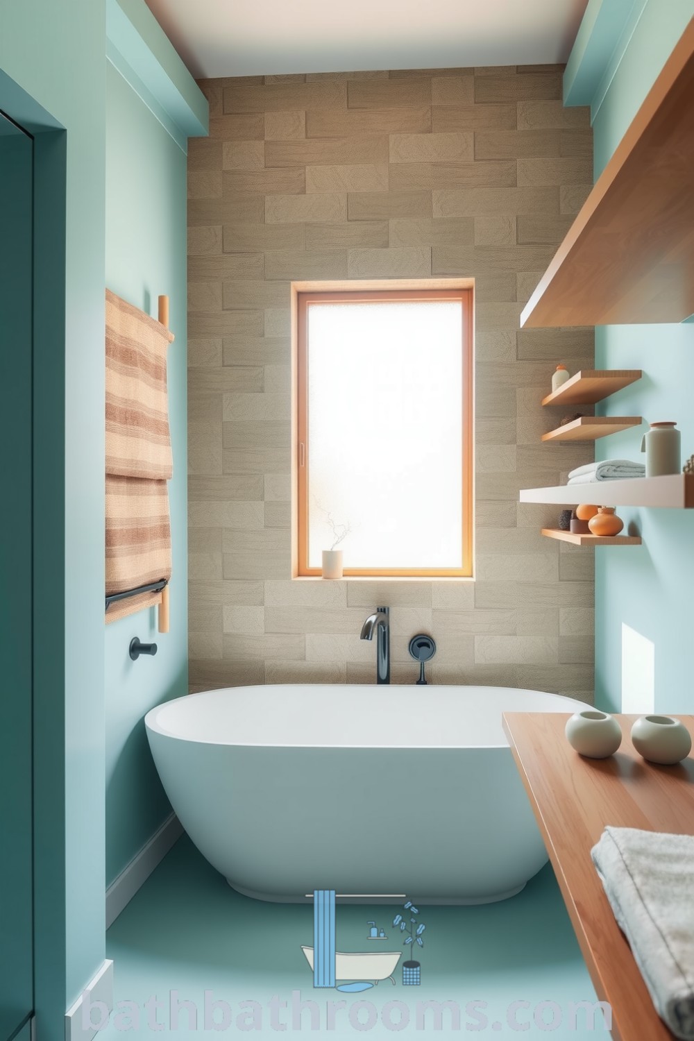 Luxurious minimalist bathroom with soft turquoise hues, sleek freestanding tub, gently textured stone walls, natural light, and organic accessories on wooden shelves, promoting a serene and inviting atmosphere. Discover inspiring decor ideas for your home at bathbathrooms.com.