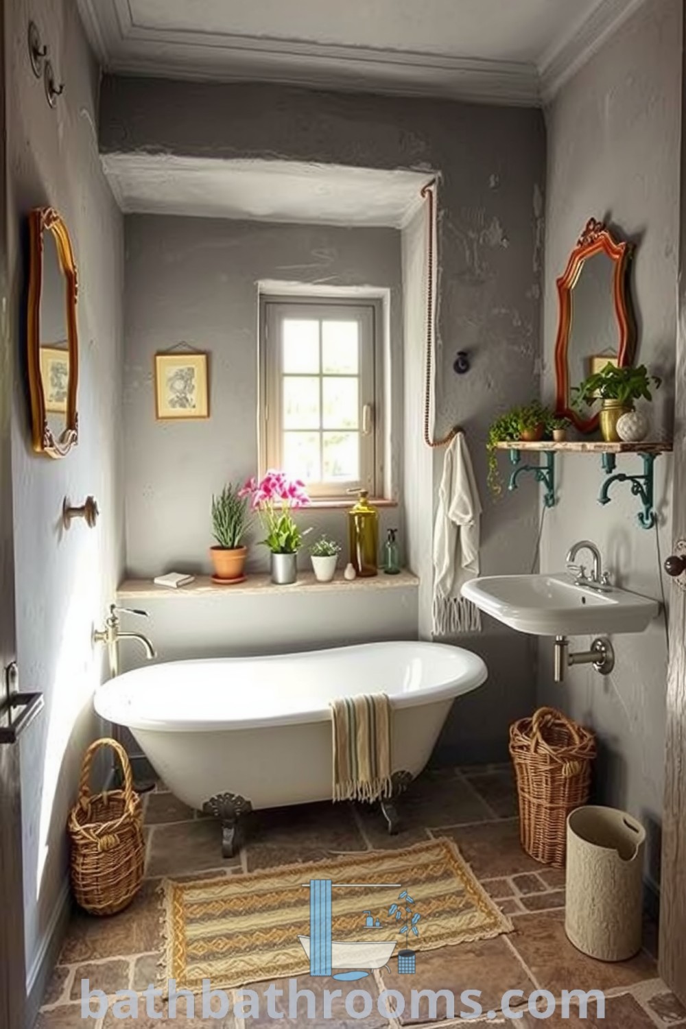 Cozy gray Provence bathroom featuring soft gray walls, natural stone flooring, a freestanding bathtub, and potted herbs, exuding a tranquil ambiance. Discover inspiring decor ideas for small spaces at bathbathrooms.com.