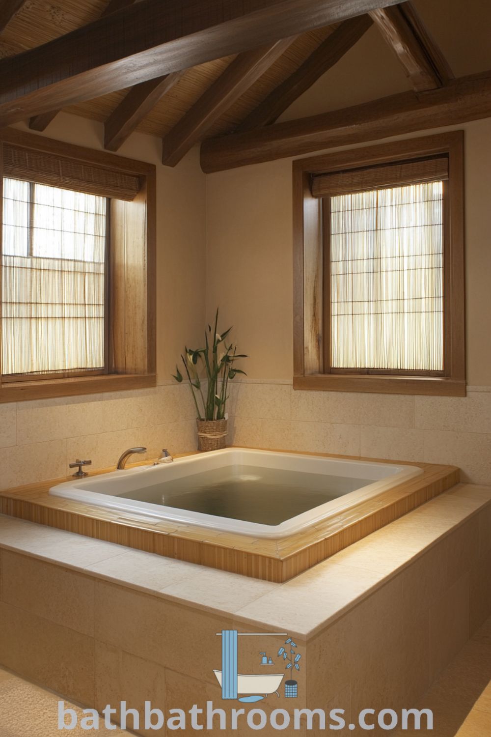 Cozy Japanese bathroom featuring warm wooden beams, smooth stone tiles, a deep natural tub, bamboo accents, and rice paper screens that create a tranquil atmosphere. Discover more inspiring decor ideas for your home at bathbathrooms.com.