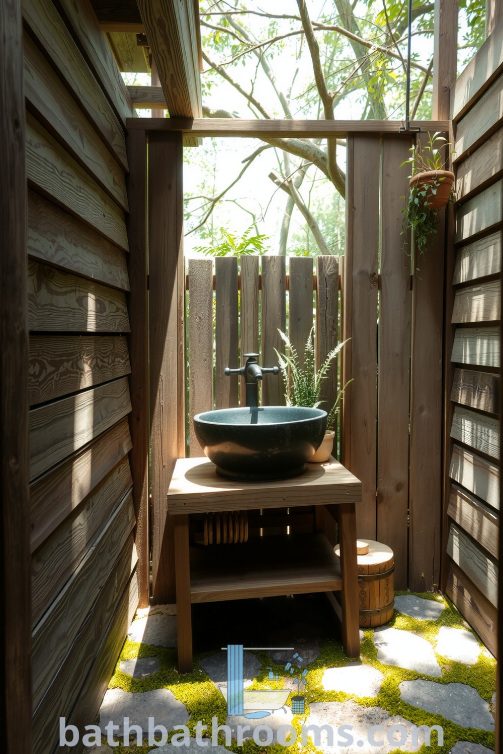 Rustic outdoor bathroom with weathered wooden walls, a vintage metal basin on a reclaimed wooden vanity, potted herbs, and dappled sunlight filtering through trees, creating a cozy and inviting atmosphere. Explore inspiring decor ideas for your home at bathbathrooms.com.
