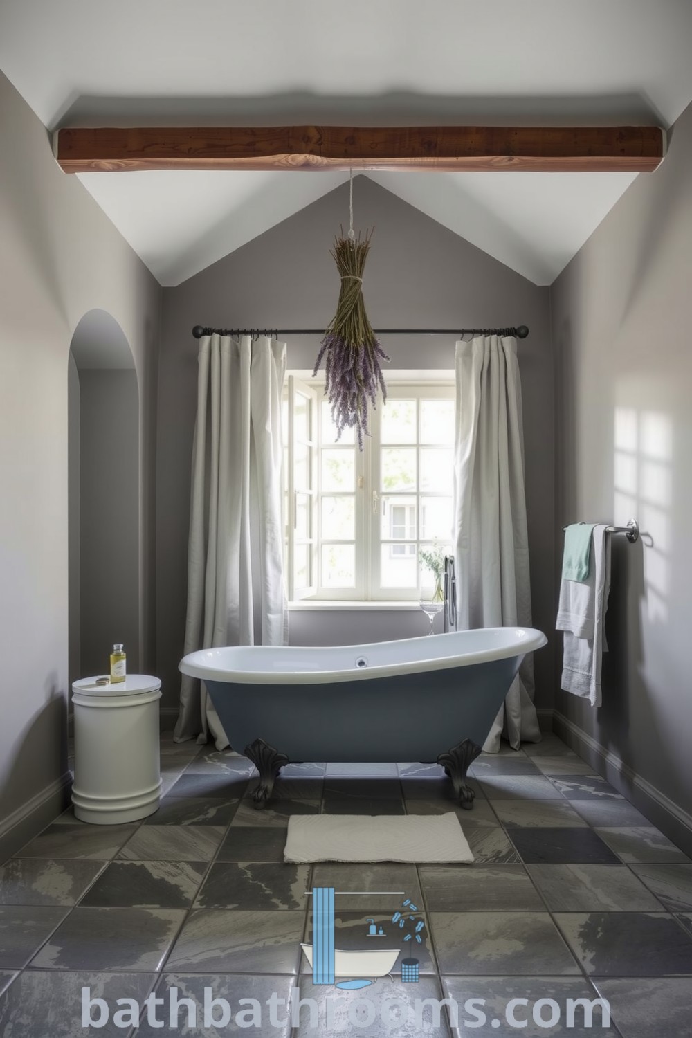 Gray-toned Provence bathroom featuring a sleek freestanding clawfoot tub, weathered stone tiles, warm plastered walls, rustic wooden beams, and hanging dried lavender, creating a cozy and serene atmosphere. Discover more design ideas at bathbathrooms.com.