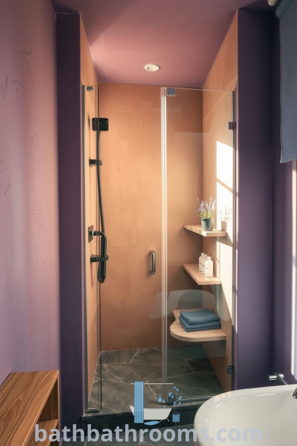 Cozy bathroom with lavender hues, frameless glass shower, polished stone tiles, and wooden shelves showcasing toiletries, creating a serene and inviting atmosphere. Discover unique decor ideas for small spaces at bathbathrooms.com.