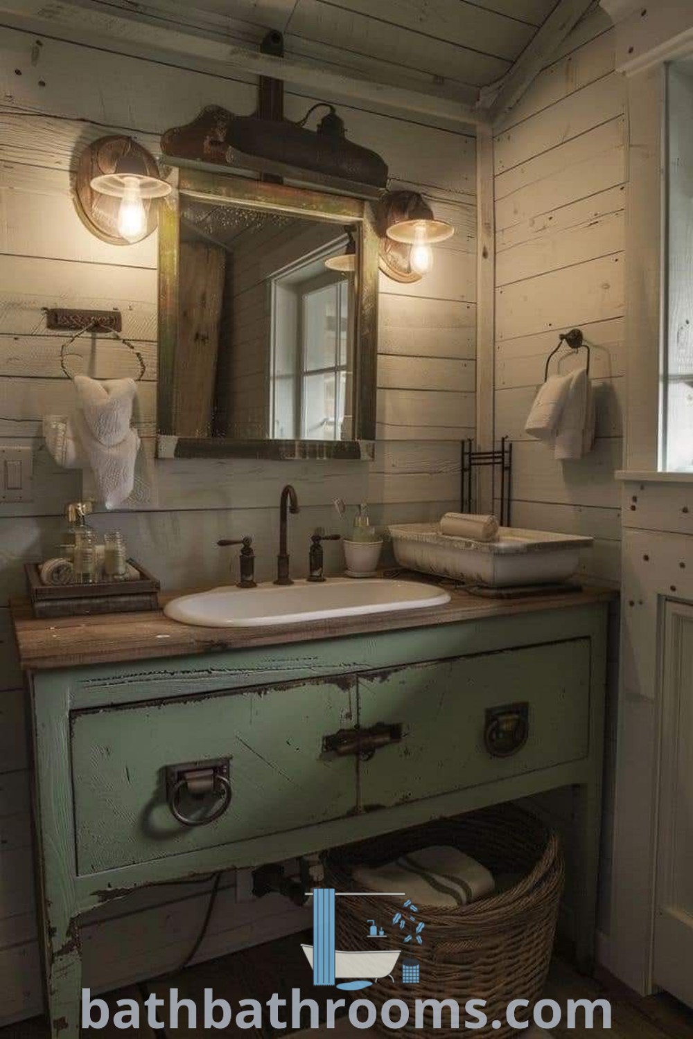 A charming vintage farmhouse bathroom featuring a sink, mirror, and a basket on the floor, embodying cottage style with antique elements. This unique decor idea highlights the cozy aesthetic, perfect for small spaces and inspiring decor inspirations. Discover more design ideas at bathbathrooms.com.