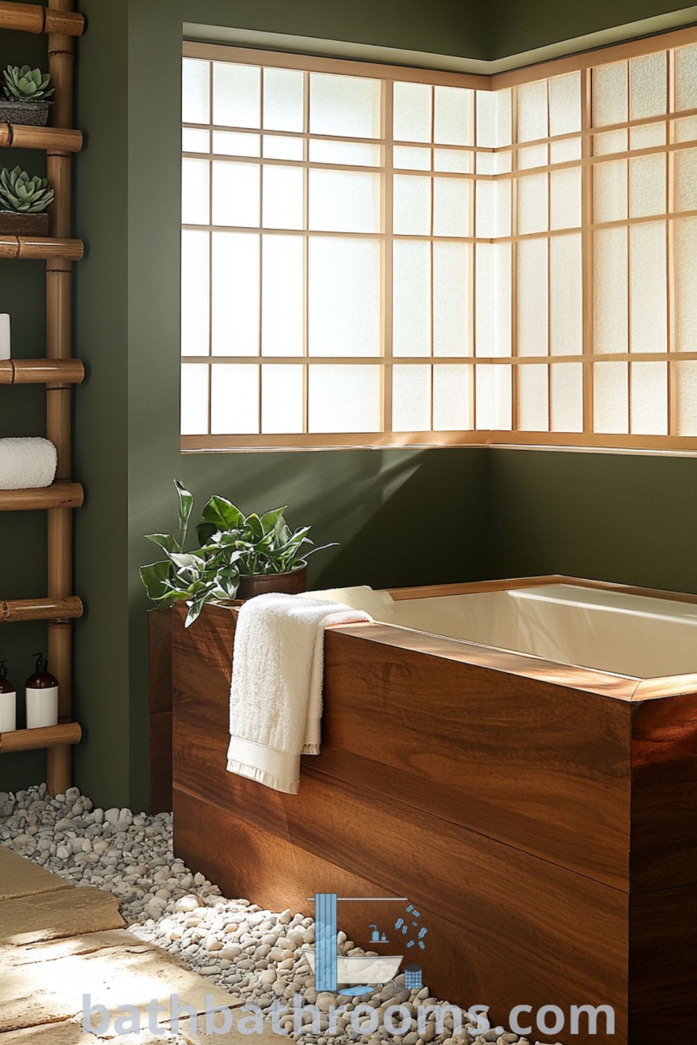 Cozy Japanese bathroom featuring smooth stones, green walls, a warm wooden tub, bamboo shelves, and natural light through shoji screens, creating a serene atmosphere. Discover more cozy home inspirations at bathbathrooms.com.