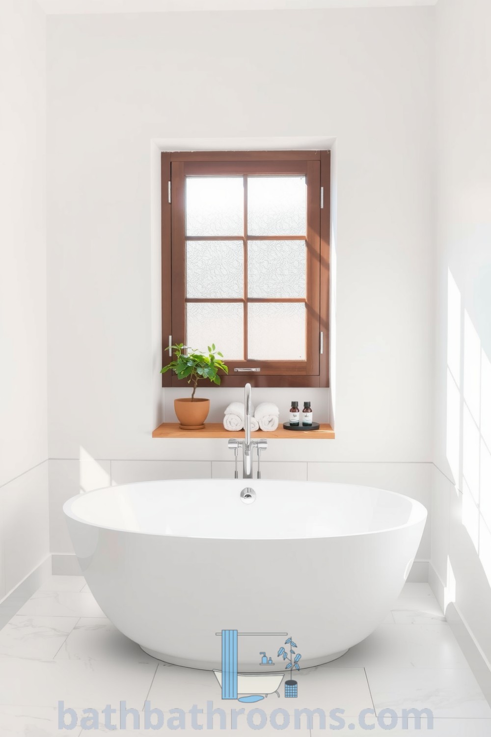 Minimalist bathroom featuring a sleek freestanding tub, crisp white walls, textured stone accents, and a potted plant, creating a tranquil and inviting atmosphere. Discover inspiring decor ideas for a cozy home at bathbathrooms.com.