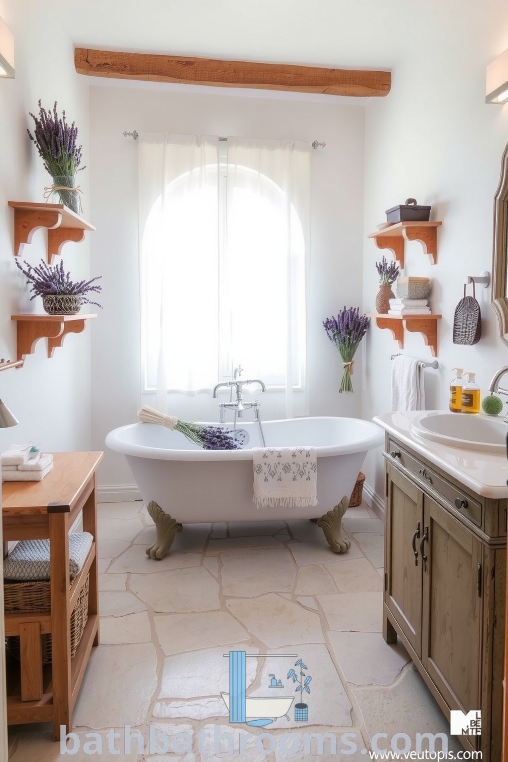 Cozy Provence bathroom featuring soft white walls, natural sunlight, a vintage clawfoot tub, and decor elements like dried lavender and handmade soaps, creating an inviting and peaceful atmosphere. Discover more inspiring decor ideas at bathbathrooms.com.