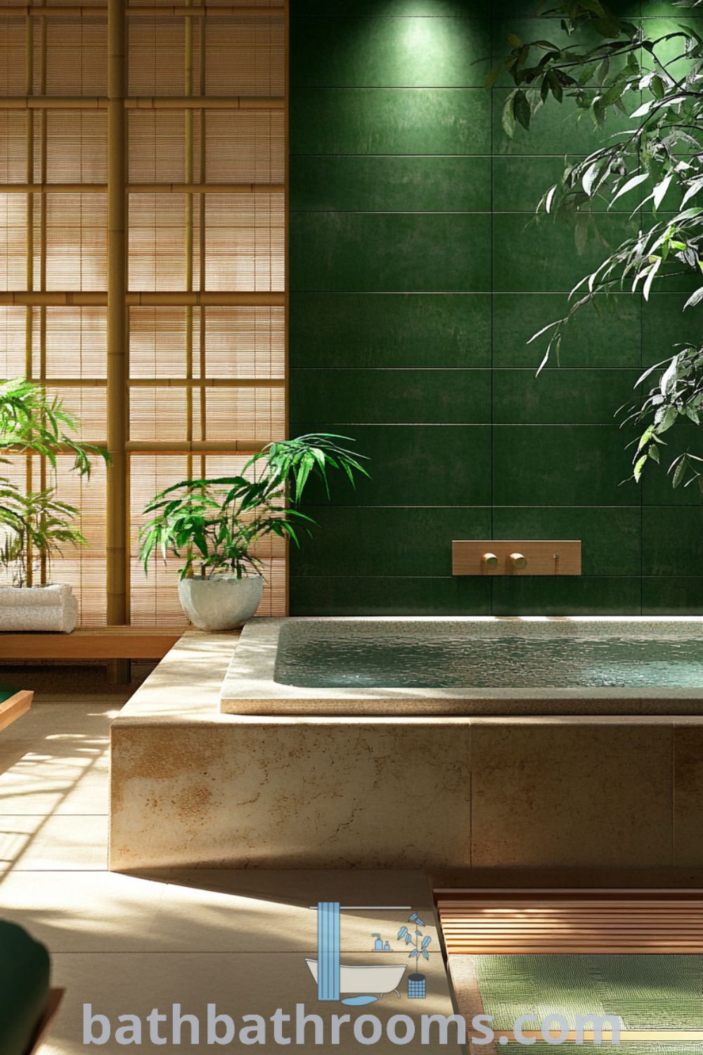 Cozy Japanese bathroom featuring earthy stone tiles, a natural stone soaking tub, bamboo decor, and lush plants, creating a tranquil and inviting atmosphere. Discover more inspiring decor ideas for your home at bathbathrooms.com.