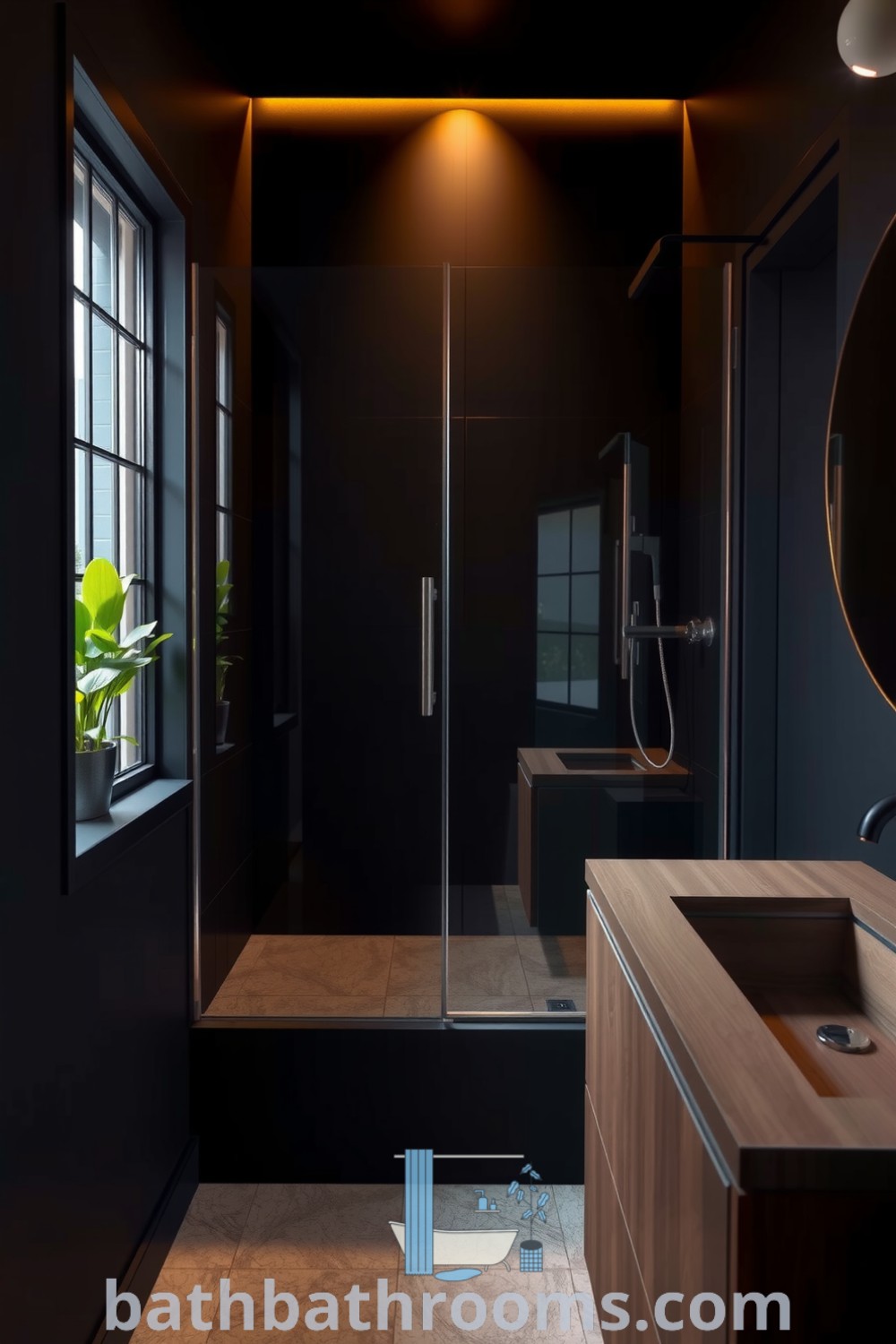 Cozy black bathroom featuring a sleek frameless glass shower, natural stone tiles, a wooden vanity, and lush green plants, showcasing inviting design ideas for small spaces. Discover more inspiring decor ideas for your home at bathbathrooms.com.
