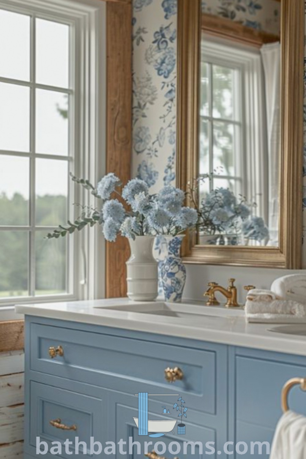 A blue and white bathroom featuring flowers in a vase on the sink counter and a large mirror, embodying Blue French Country, Coastal Grandma, and Grandmillenial styles. This cozy and beautifully designed space offers inspiring decor ideas to enhance your home. Visit bathbathrooms.com for more design inspirations.