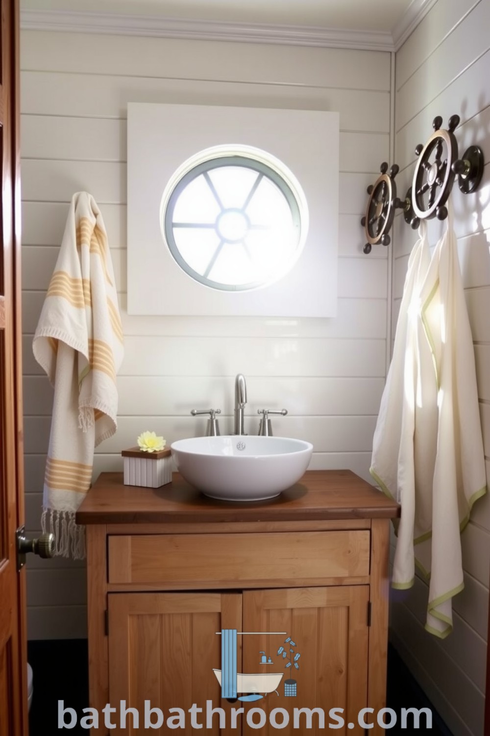 Nautical-style bathroom with soft blue and white decor, a weathered wooden vanity, and a ceramic sink resembling sea glass, illuminated by natural light through a round window. Explore more decor ideas for cozy homes at bathbathrooms.com.