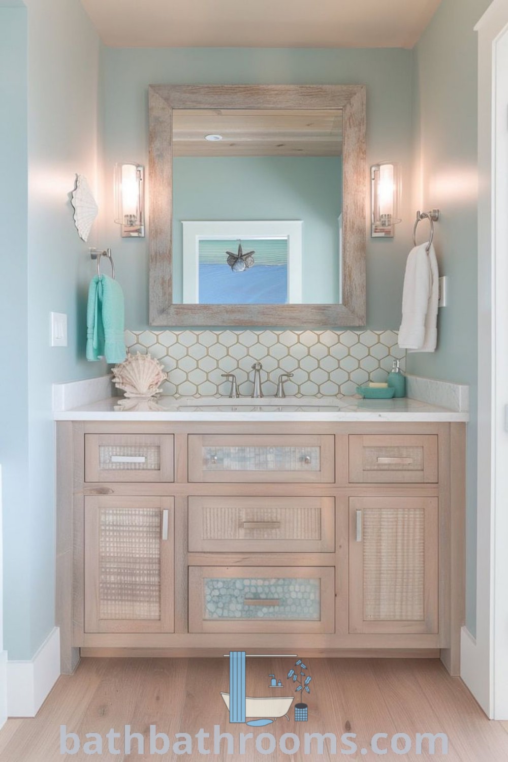 A beachy bathroom with blue walls, wooden cabinets, white countertops, and light wood flooring that showcases coastal style. Discover inspiring decor ideas and maximize space with cozy designs at bathbathrooms.com.