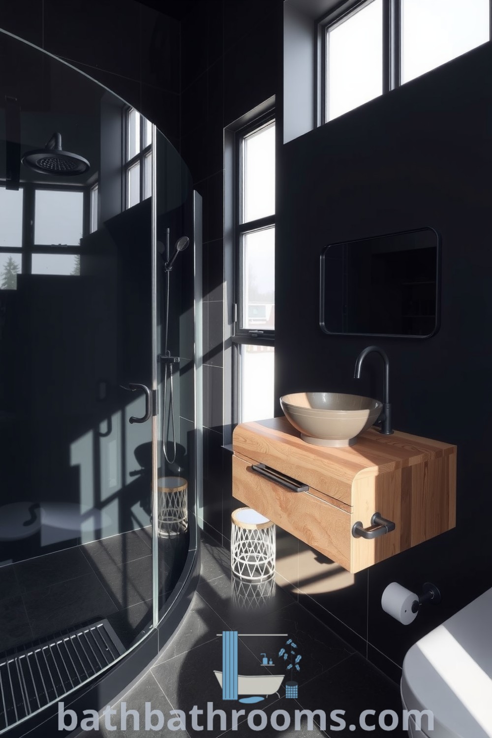 Cozy modern black bathroom with a frameless glass shower, dark ceramic tiles, matte black fixtures, and a weathered wooden vanity, creating an inviting and calming atmosphere. Discover more decor ideas at bathbathrooms.com.