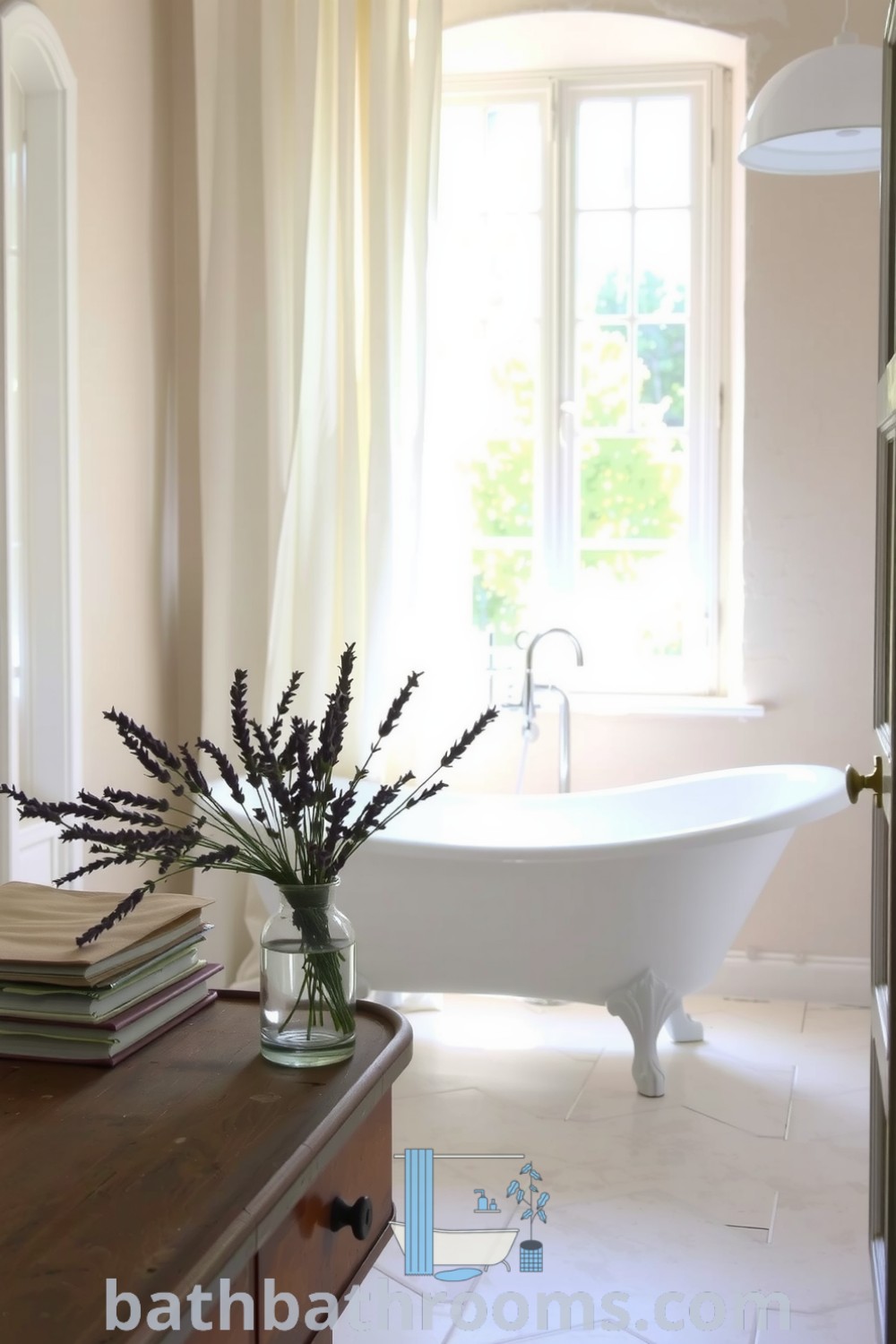 Cozy Provence bathroom featuring soft natural light, a vintage clawfoot tub, and lavender accents, creating an inviting retreat for relaxation. Discover more decor ideas for your home at bathbathrooms.com.