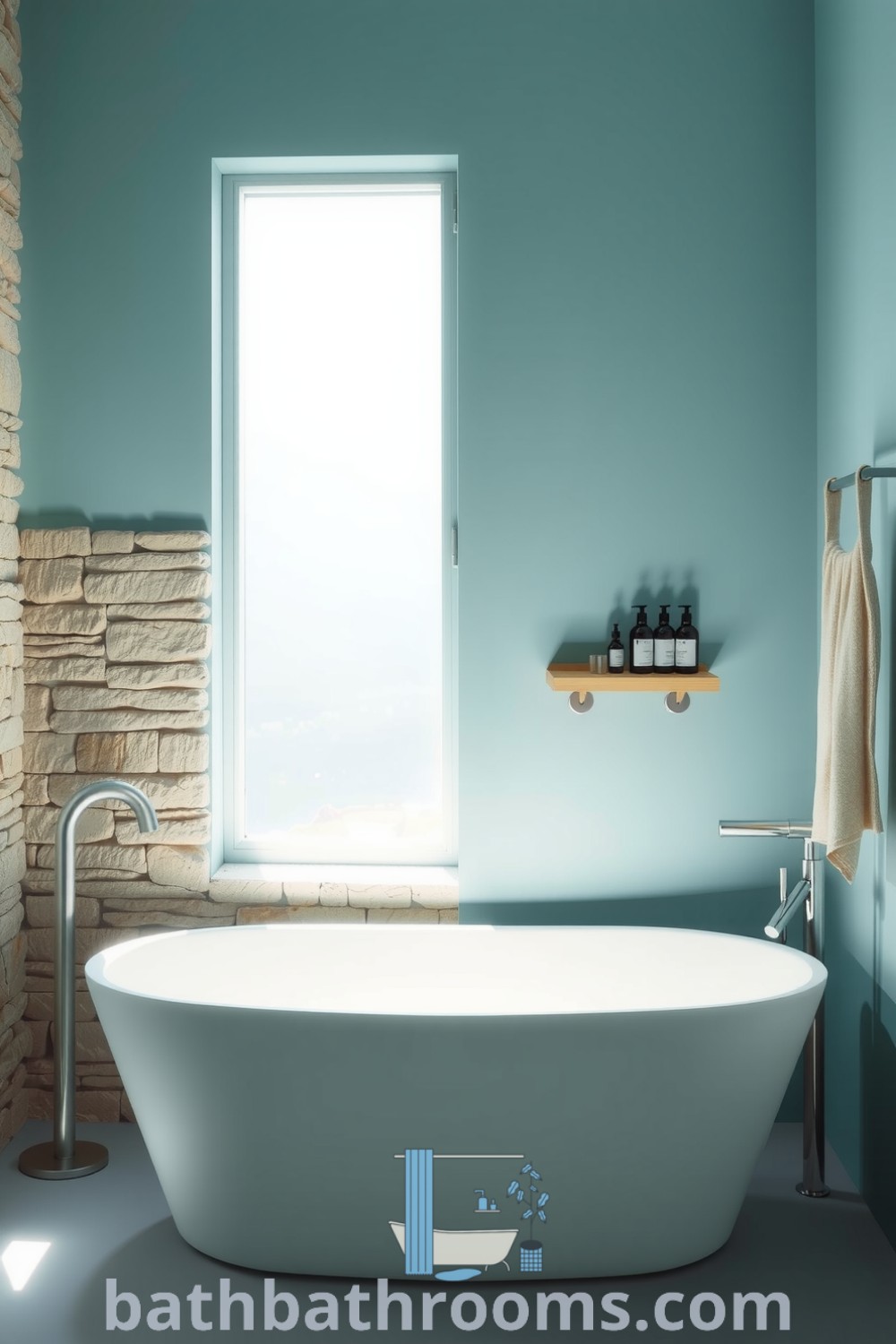 Minimalist bathroom featuring a soft cyan color scheme, a freestanding matte tub against a rough-hewn stone wall, natural wood shelves with eco-friendly toiletries, and a plush towel on a sleek metal rack, embodying a cozy aesthetic and design inspirations. Discover more cozy home ideas at bathbathrooms.com.