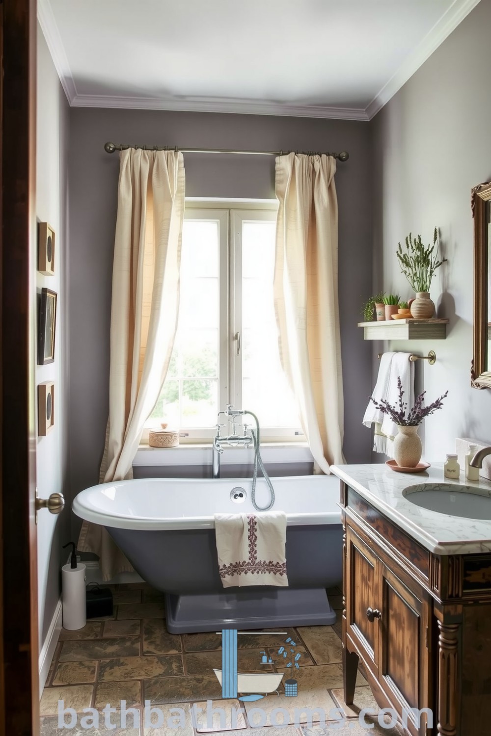 Cozy Provence bathroom featuring soft gray walls, a freestanding gray tub, vintage wooden shelves with artisan soap and dried herbs, and sheer linen curtains, creating a tranquil and inviting atmosphere. Discover more inspiring decor ideas for your home at bathbathrooms.com.