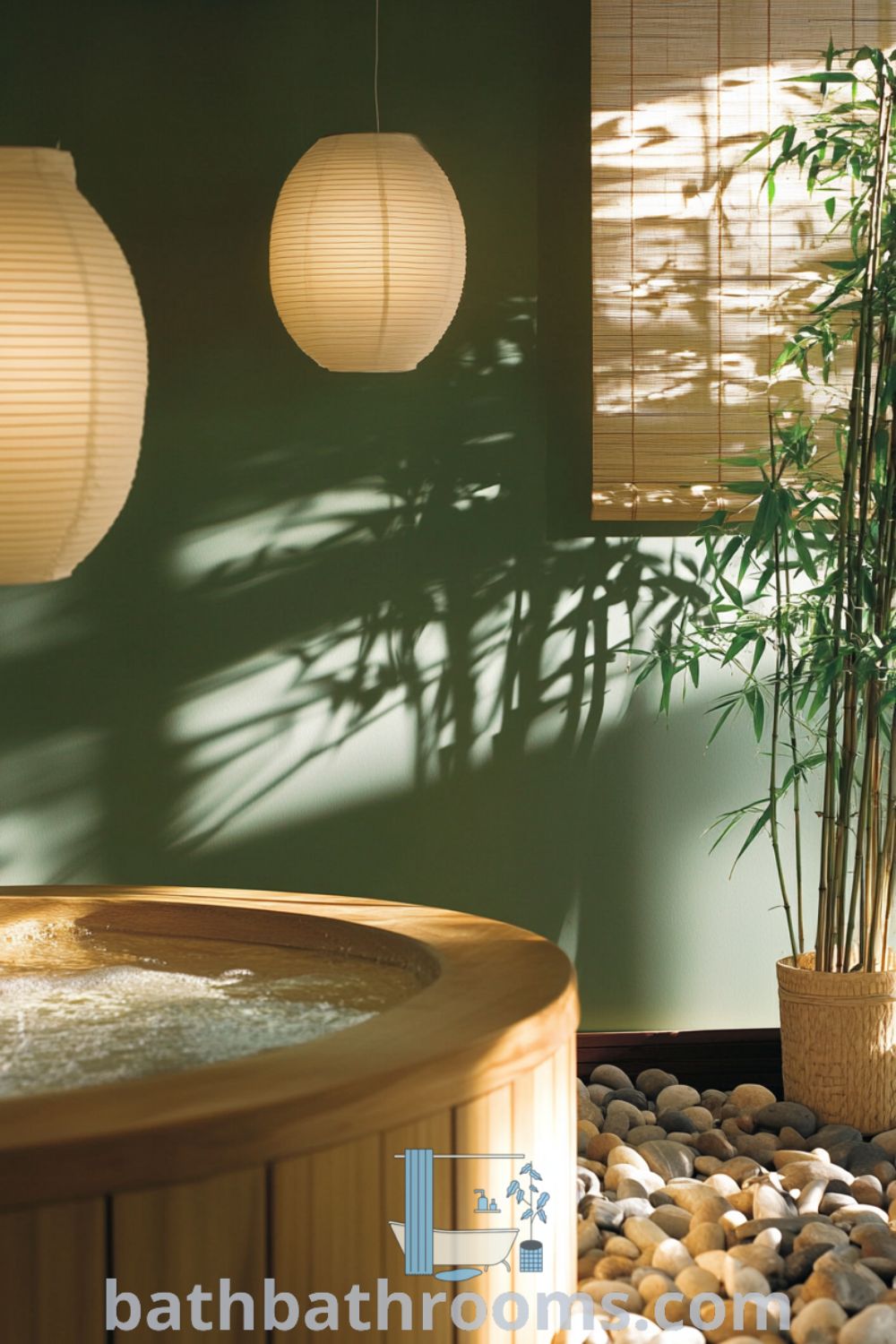 Tranquil Japanese bathroom featuring a wooden tub, pebble accents, calming green walls, paper lanterns, and bamboo plants, creating a serene atmosphere perfect for relaxation. Discover more cozy decor ideas at bathbathrooms.com.