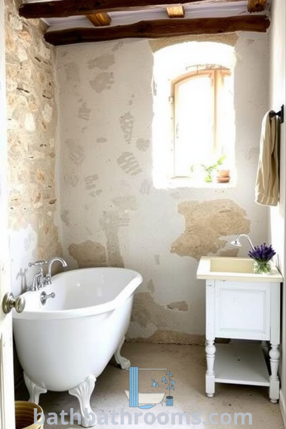 Cozy Provence bathroom featuring aged stone walls, a charming freestanding tub, a vintage wooden vanity with a porcelain sink, and lavender accents, creating a serene and inviting atmosphere. Discover inspiring decor ideas for your home at bathbathrooms.com.