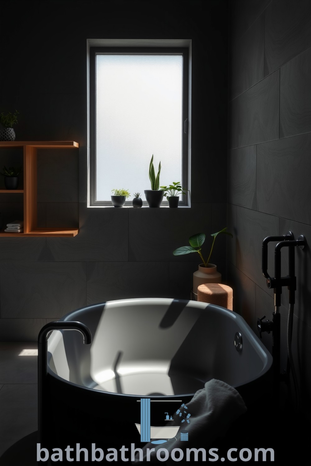 Minimalist bathroom featuring a deep matte tub against textured gray stone walls, natural light from a frosted window, and potted plants on a wooden shelf, creating a tranquil and inviting atmosphere. Discover more decor ideas for your home at bathbathrooms.com.