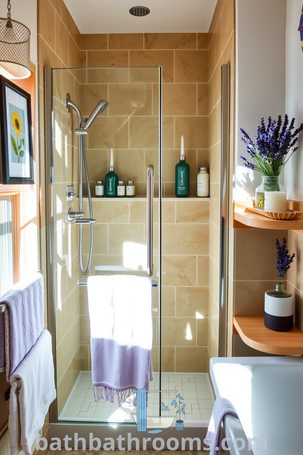 Cozy bathroom featuring a frameless glass shower, warm beige stone tiles, soft lavender accents, and wooden shelves with artisanal soaps, creating a tranquil and inviting space. Discover unique decor ideas for your home at bathbathrooms.com.