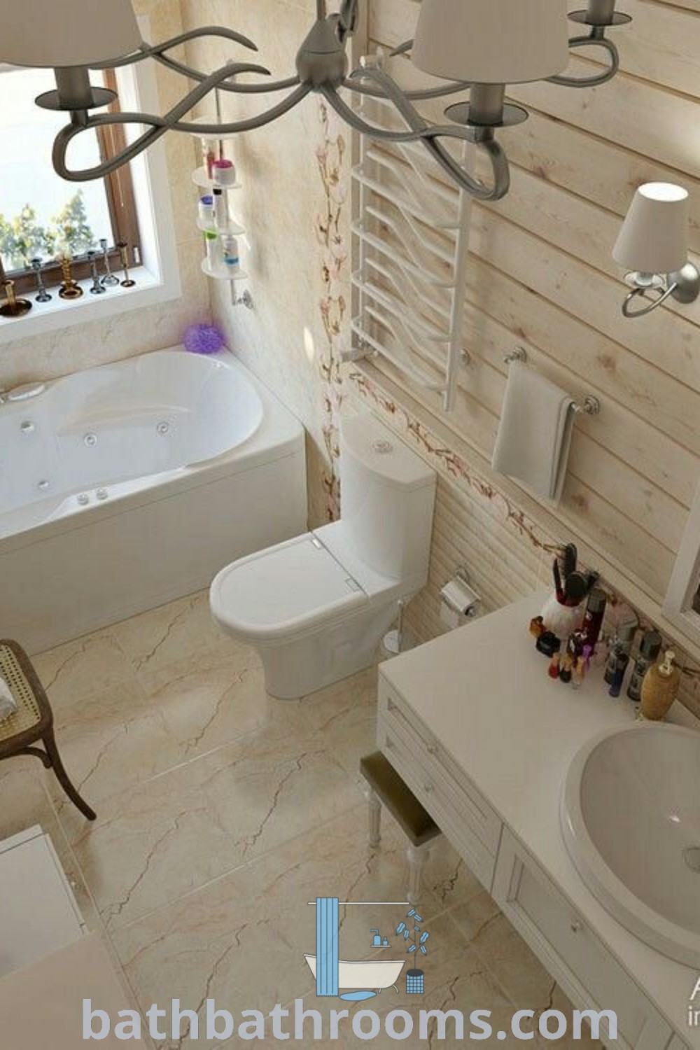 A cozy farmhouse bathroom with a clawfoot bathtub, toilet, and sink positioned at its center, showcasing rustic 